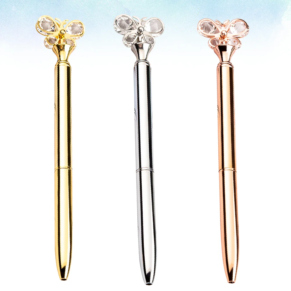 

3pcs Ball-point Pen Metal Crystal Ballpoint Pens Stationery for Home School Office (Rose Gold, Golden, Silver, 3pcs/Pack)