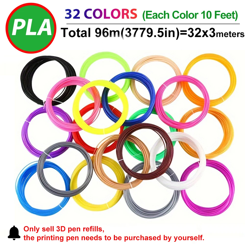 32色3Dペンフィラメント1.75mm PLA、各色10フィート(3m)、合計320フィート(96m)3Dペンフィラメントリフィル、ランダムカラー