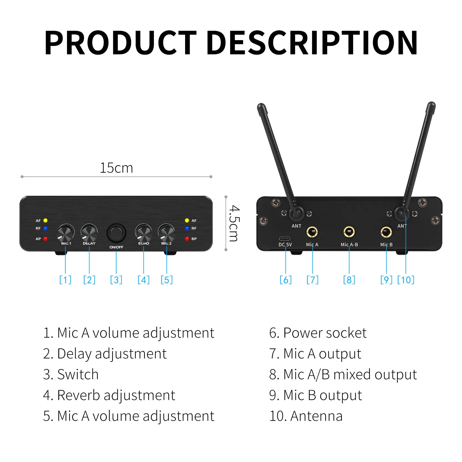 XTUGA Professional UHF Wireless Microphone System with Dual Channels Transmitter Receiver for Karaoke Party Home Meeting