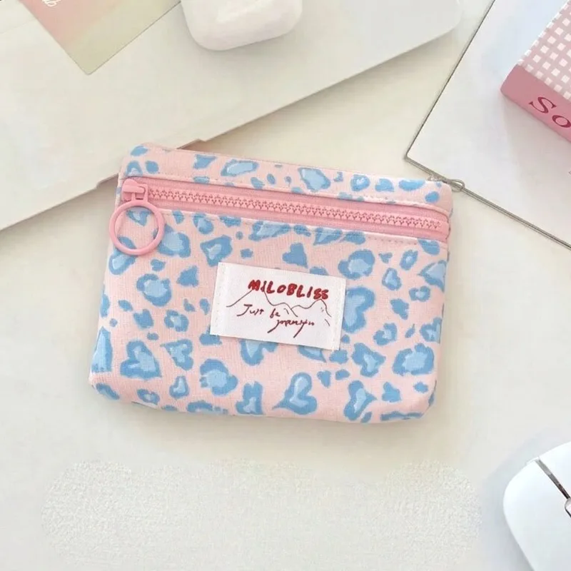 Cute Heart Leopard Print Coin Purse, Colorful Zipper Canvas Mini Pouch, Small Cosmetic Storage Bag for Cards Lipstick Earphones