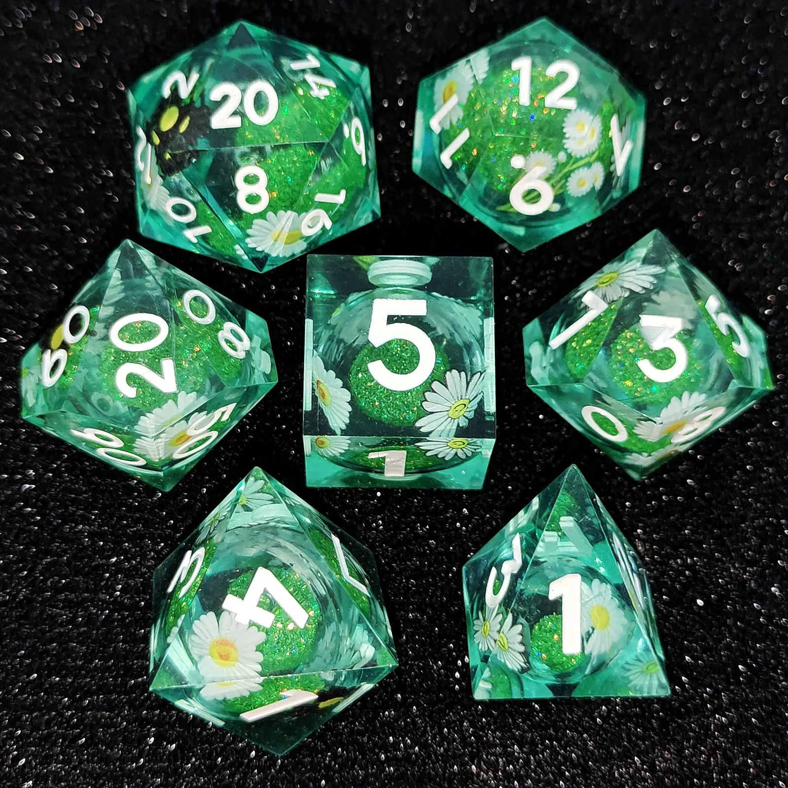 DND Dice Set Clear Liquid Black Quicksand Dice Set Lace & Fish Edge Dungeons & Dragons Polyhedral Resin Dice Cosplay Dice Set Bl