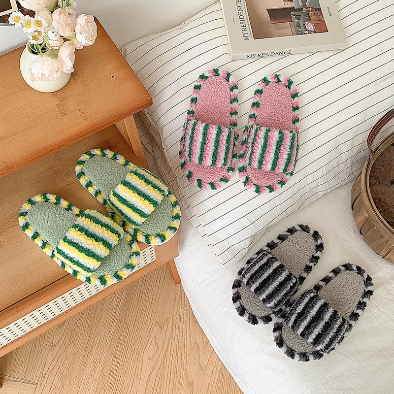 

Children's Cotton Slippers 3-18 Years Old Green Warm Boys Girls Fur Shoes Autumn Winter Gray Soft Bottom Non-slip Kids Slippers