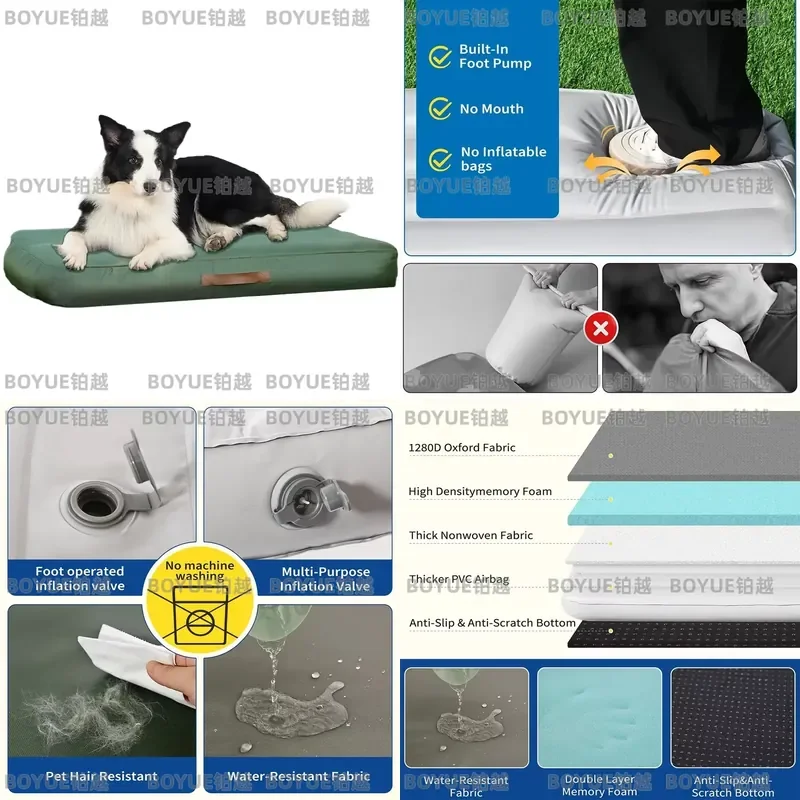 Waterproof Inflatable Pet Bed Outdoor Summer Dog Cat Pad Removable Cover Non Slip Base Foam Cushion Portable Travel Mat Green