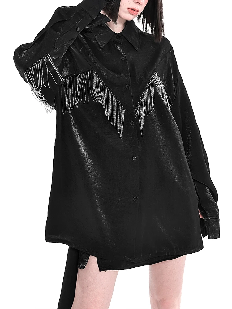 Luxury Satin Tassel shirt Women's 2024 Spring Summer Pink Long sleeve fringing blouse Oversized Tops Black White INKEO 3T244