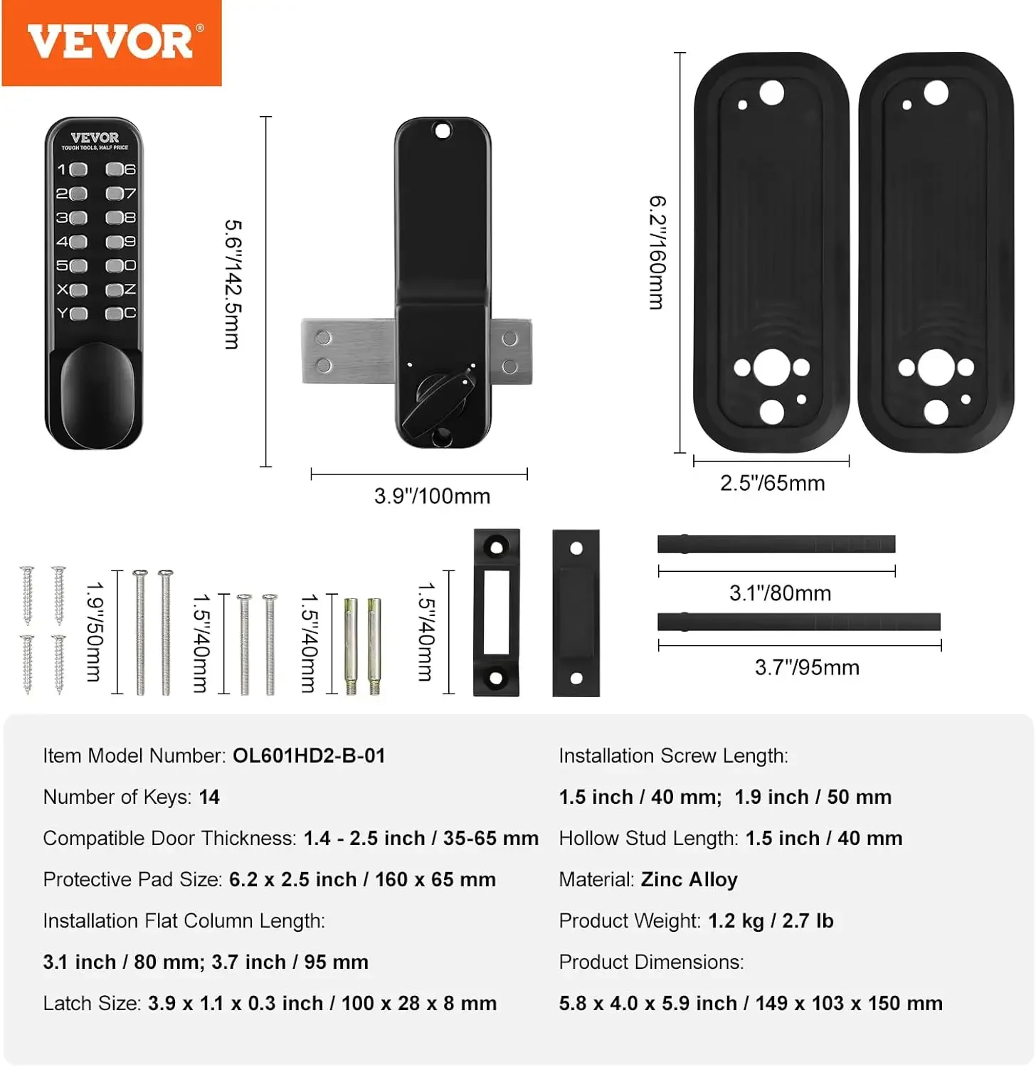 Fechadura mecânica sem chave para porta de entrada, teclado de 14 dígitos, conjunto de fechaduras para portão externo com trava montada em superfície, teclado e botão