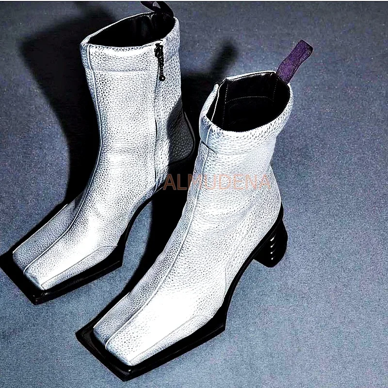 

Square Toe Leather Mid Calf Boots Women Black White Chunky Block Heel Short Booties Designer Winter Chelsea Boot Winter Shoes