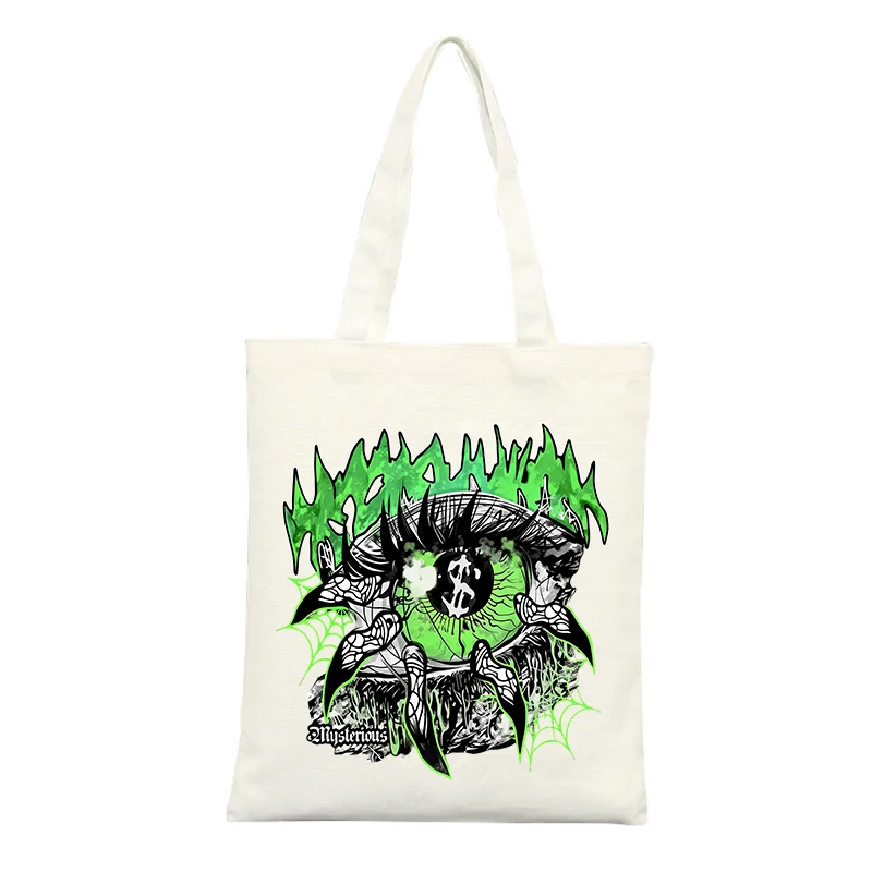 Canvas Tote Bag with Eye and Flame Graphic, Streetwear Style for Casual Shopping and Daily Use