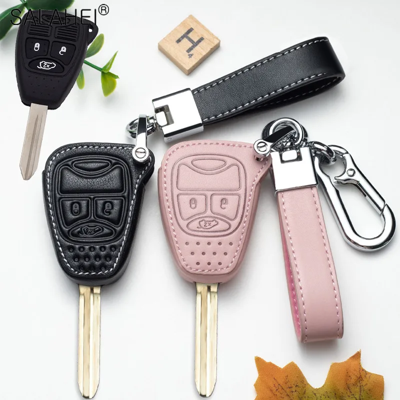 Leather Car Key Case Cover For Chrysler Pacifica Aspen 300 Dodge Caravan Jeep Wrangler Jk Commander Grand Cherokee Accessories