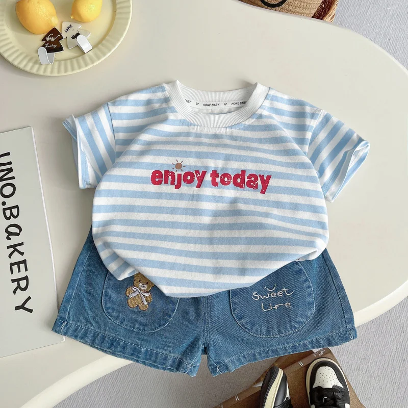 

Boys' short-sleeve suit2026New summer children's striped short-sleeve clothing, pure cotton short-sleeve summer wear for toddler