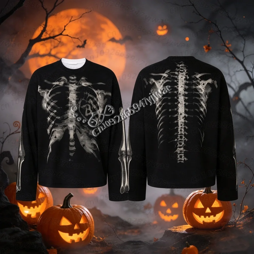 26 Winter Vintage Halloween Skeleton Inspired Long Sleeve T Shirt Y2K Loose Casual Trendy 3D Print Top  Men Long sleeve t-shirt
