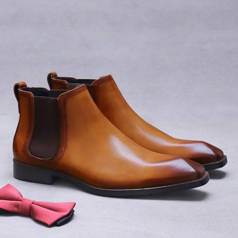 Diamond Toe Business Chelsea Boots Elastic Pull-On Cowhide Genuine Leather Men's Trendy Short Boots Casual British Boots for Men