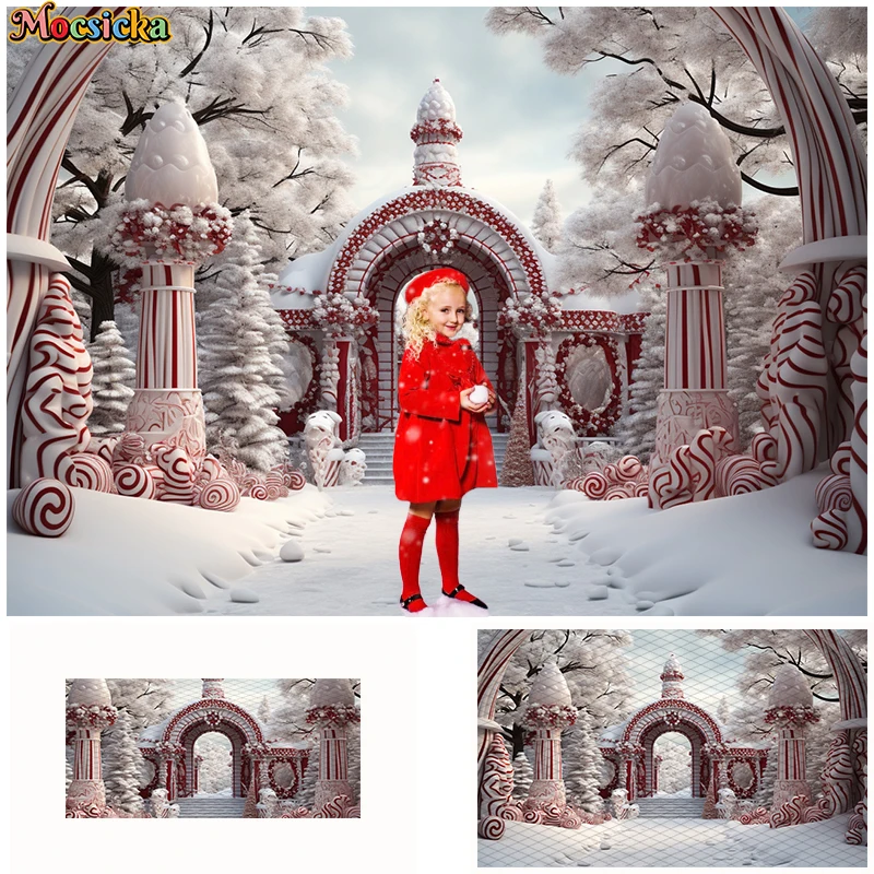 Winter Christmas Castle Ice Cream House Photography Backdrop Kids Portrait Cake Smash Backgrounds  Xmas Tree Snow Cookie Toy