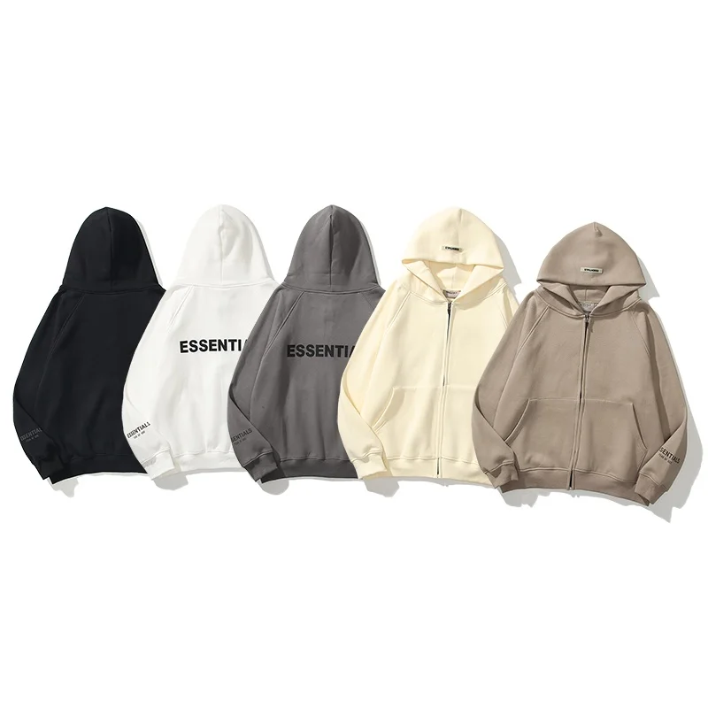 Essentials Stereo Print Zip-up Fleece-lined Hoodie Reflective Men and Women Open Pure Cotton Cardigan Outerwear