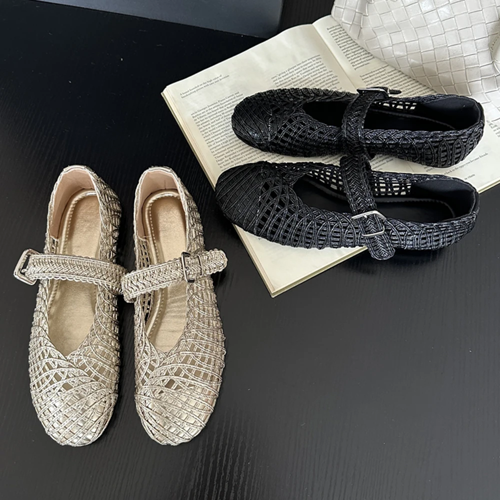

Pesstwei Designer Cane Round Toe Mesh Women's Flats Ballet Mary Jane Comfortable Casual Spring Ladies Shoes Zapatos De Mujer