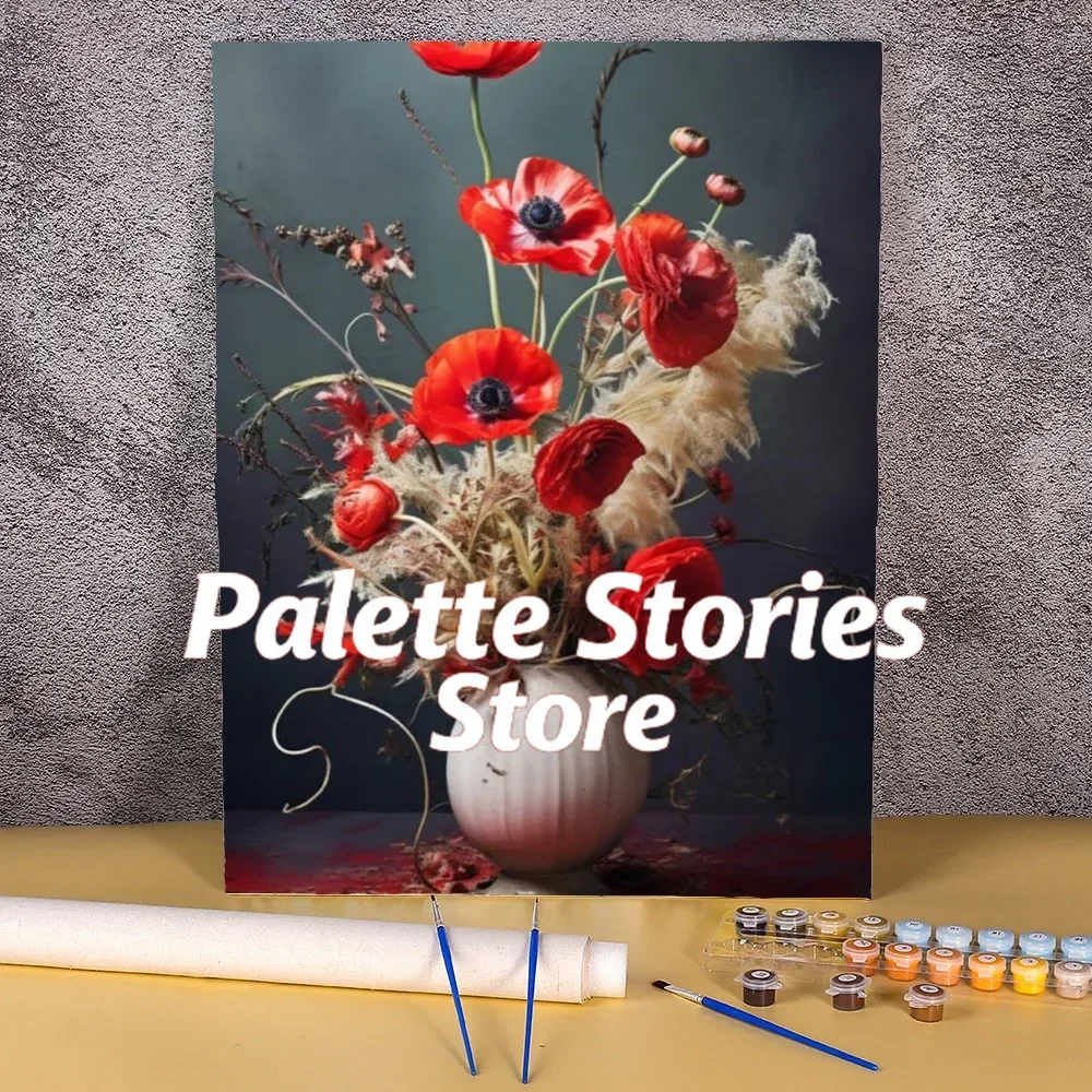 

frameless Acrylic Painting By Numbers For Adults Vintage Red Flower Vase Home Wall Art Canvas Picture Drawing Coloring By Numbe