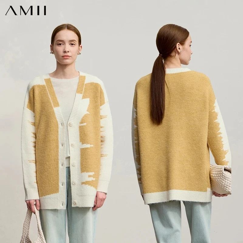 AMII Cardigan For Women 2026 Winter New Commuter V-neck Long Sleeve Women's Sweater Wool Cardigan Loose Knit Top Female 12554047