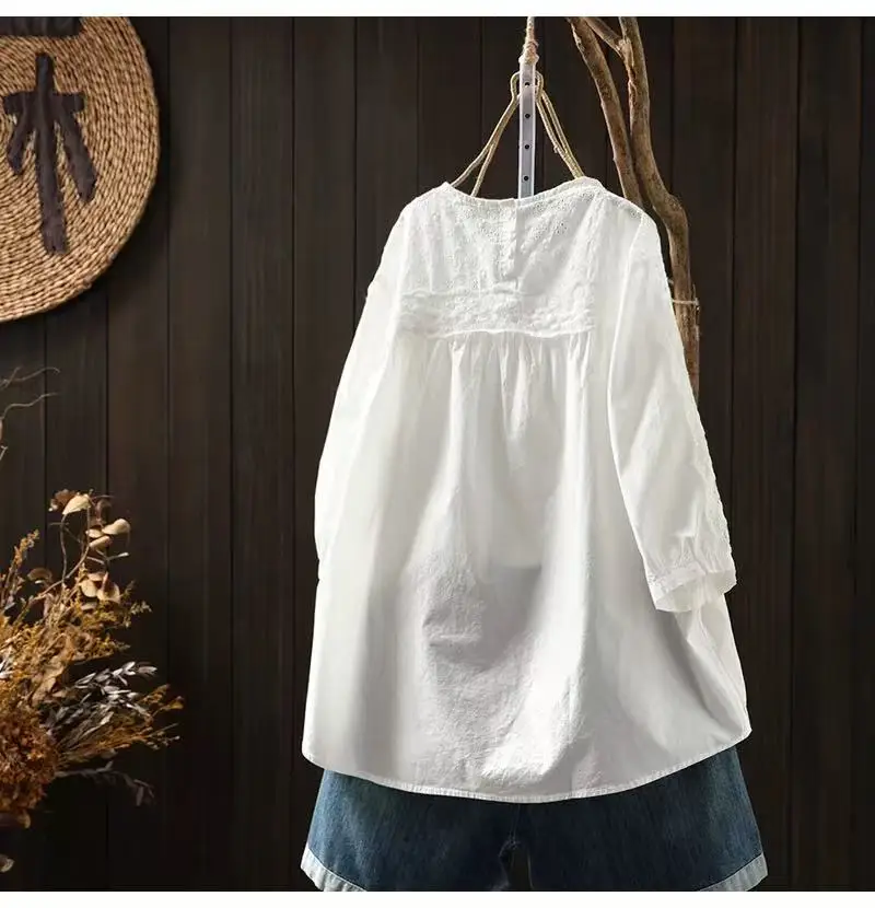 2026 Women\'s 100% Cotton White Lace Embroidered Blouse, 3/4 Sleeve Loose Fit Top, Bohemian Babydoll Shirt