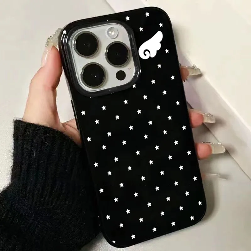 เคสโทรศัพท์ลายปีกนางฟ้าดาวน่ารักสีดำ สำหรับ iPhone 15 Pro, iPhone 16, 14 Plus, 12, 11, 17 Pro Max, 13, X, XS, XR, 7, 8 Plus
