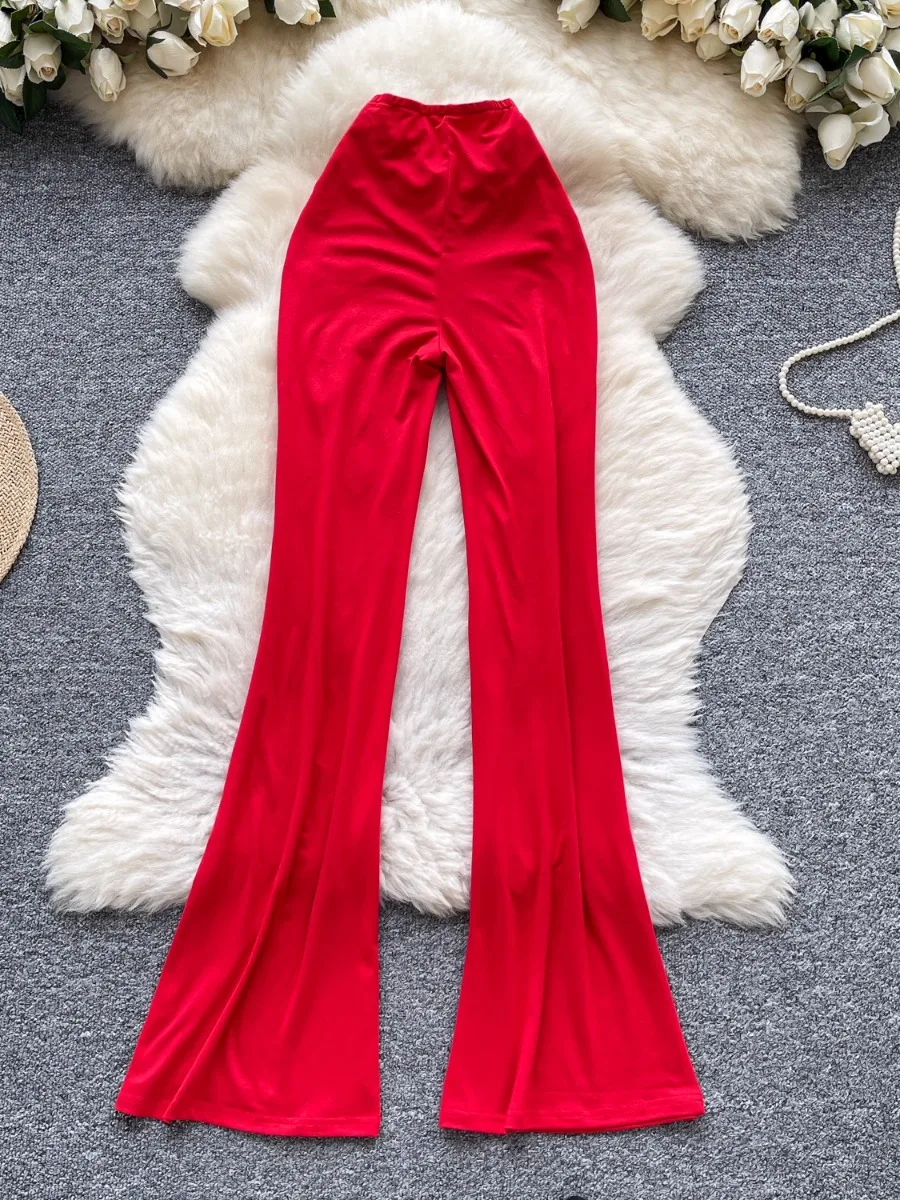 Foamlina été plissé coupe ajustée pantalon évasé européen fille chaude couleur unie jambe allongement léger Mature élégant pantalon