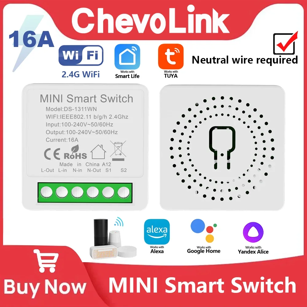 Tuya Mini 16A WiFi Switch Smart Life App 2 Way Control Smart Home Automation Module Interruptor Work for Alexa Google Home