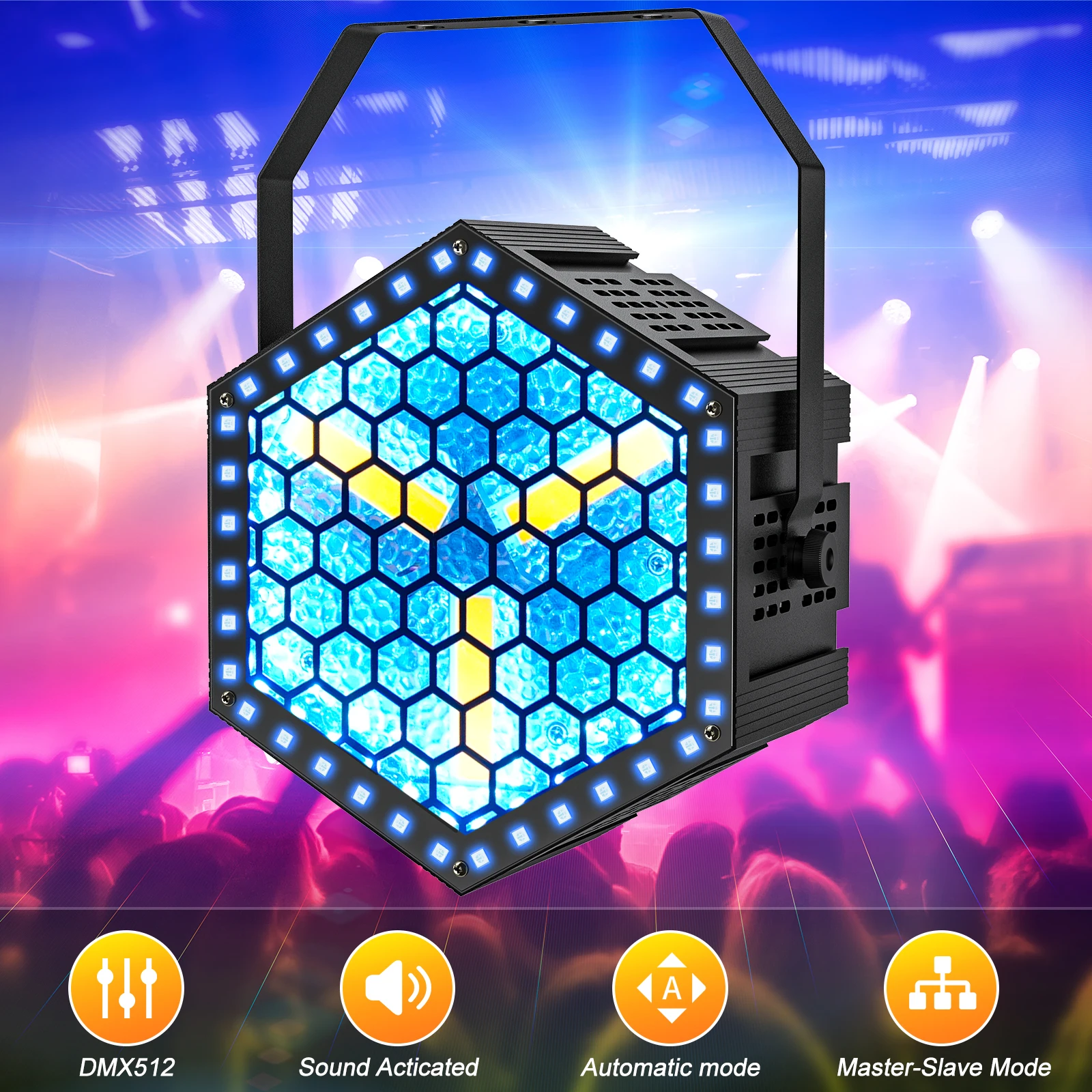 U'King lampu panggung heksagonal 200W, lampu DJ DMX dengan 3 buah 1800K, lampu kilat LED emas, lampu panggung strobo pesta KTV disko Bar suasana