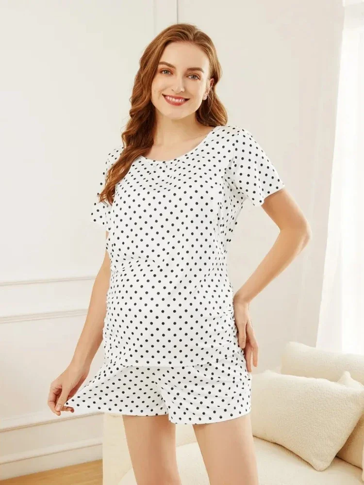 

Cotton Thin Light Gauze Maternity Nursing Sleepwear Sets Dot Printed Robe Pajamas Suit Clothes for Pregnant Women Pregnancy
