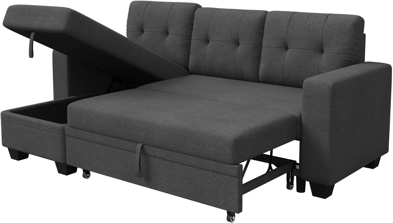 Pull Out Couches with Storage Chaise, Linen Fabric Furniture for Living Room, Gr