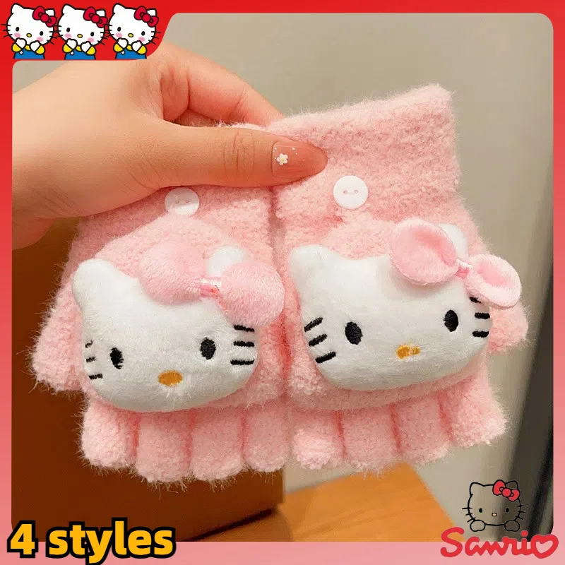 

Sanrio Kuromi Gloves Fall/Winter Warm Melody Anime Figure Coral Velvet Warm Outdoor Five-Finger Cute Doll Children Gloves Gifts