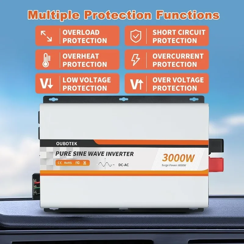 home.3000 واط عاكس موجة جيبية نقية، تيار مستمر 12 فولت إلى تيار متردد 120 فولت عاكس سيارة مع شاشة LCD، جهاز تحكم عن بعد، منفذ USB #4