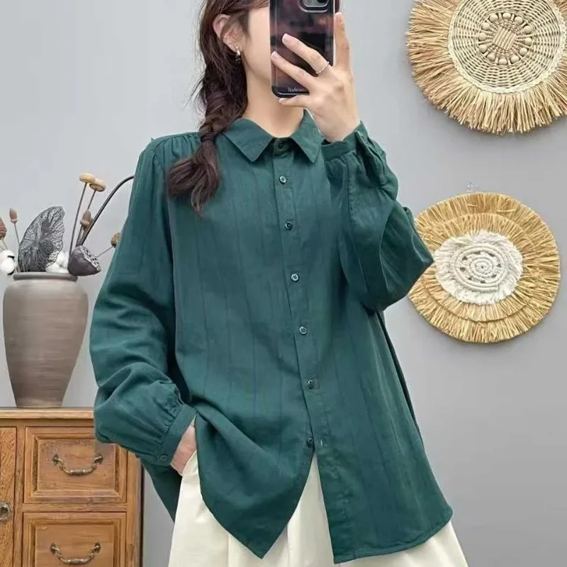Women Pure Cotton Stripe Blouse Spring Double Gauze Long Sleeve Shirt Loose Casual Slim Fit Daily Wear Tops