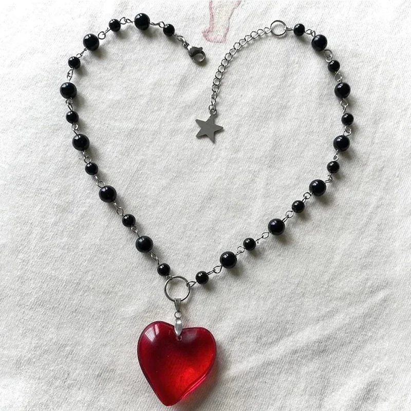 Grunge Rock Red Heart Pendant Necklace Punk Aesthetic DIY Black Pearl Necklace Women Goth Accessories Egirl Jewellery Sexy Cool