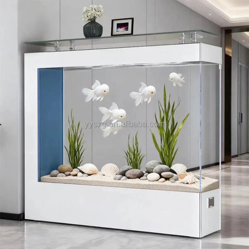 custom.Light Luxury Cube Floor Aquarium-Ultra-white Glass Open Style Built-in LED Light One-Drain With Sided Fi