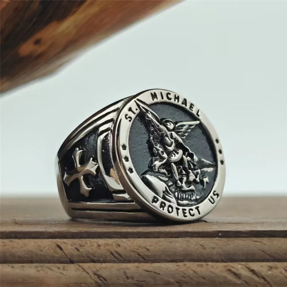 ST MICHAEL Solid Ring 316L Stainless Steel Jewelry Saint Protect Us Angel Rings