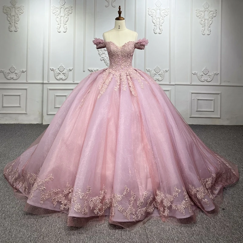 Rosa glitzernde Quince anera Kleider von der Schulter Applikation Spitze Perlen Vestidos de 15 Anos Geburtstags feier Prinzessin süß 16 dres