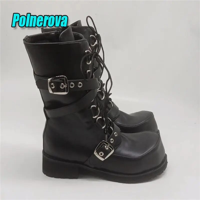

Punk Style Belt Buckle Motorcycle Boots for Women Men Round Toe Lace-Up Side Zipper Mid-Calf Boots Fashion Chunky Heels Shoes