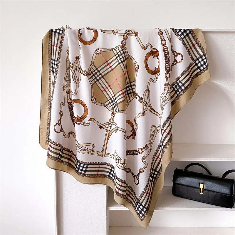 Luxury checkered chain summer lightweight 90cm faux silk square scarf retro print shawl herringbone scarf headscarf for women