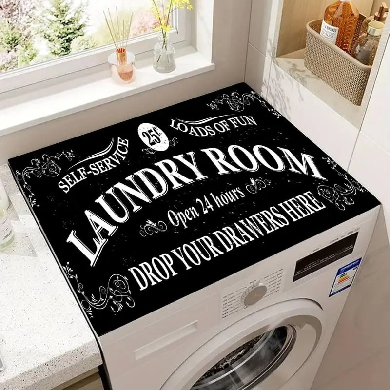 VIKAMA Noir LAUNDRY ROOM Vintage Quote Washing Machine Top Mat Self Serve Loads Fun Open All Day Ornate Frame Water Resistant