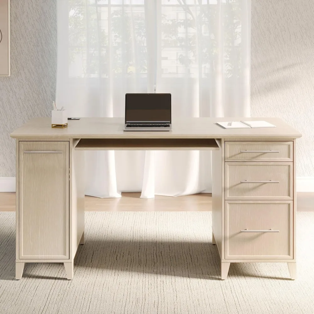 

Straight computer desk, integrated power supply and charging, natural oak wood