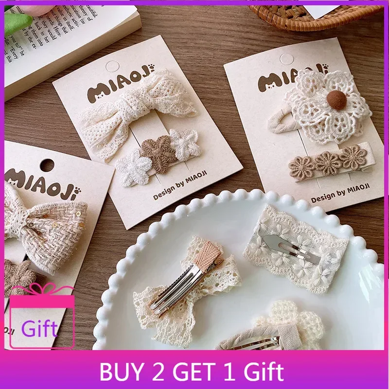 2025 Hot Sale Ins Style Cream Embroidery Lace Ribbon Bowknot Crocheted Flower Front Hairpin Women Sweet Retro Hair Clips