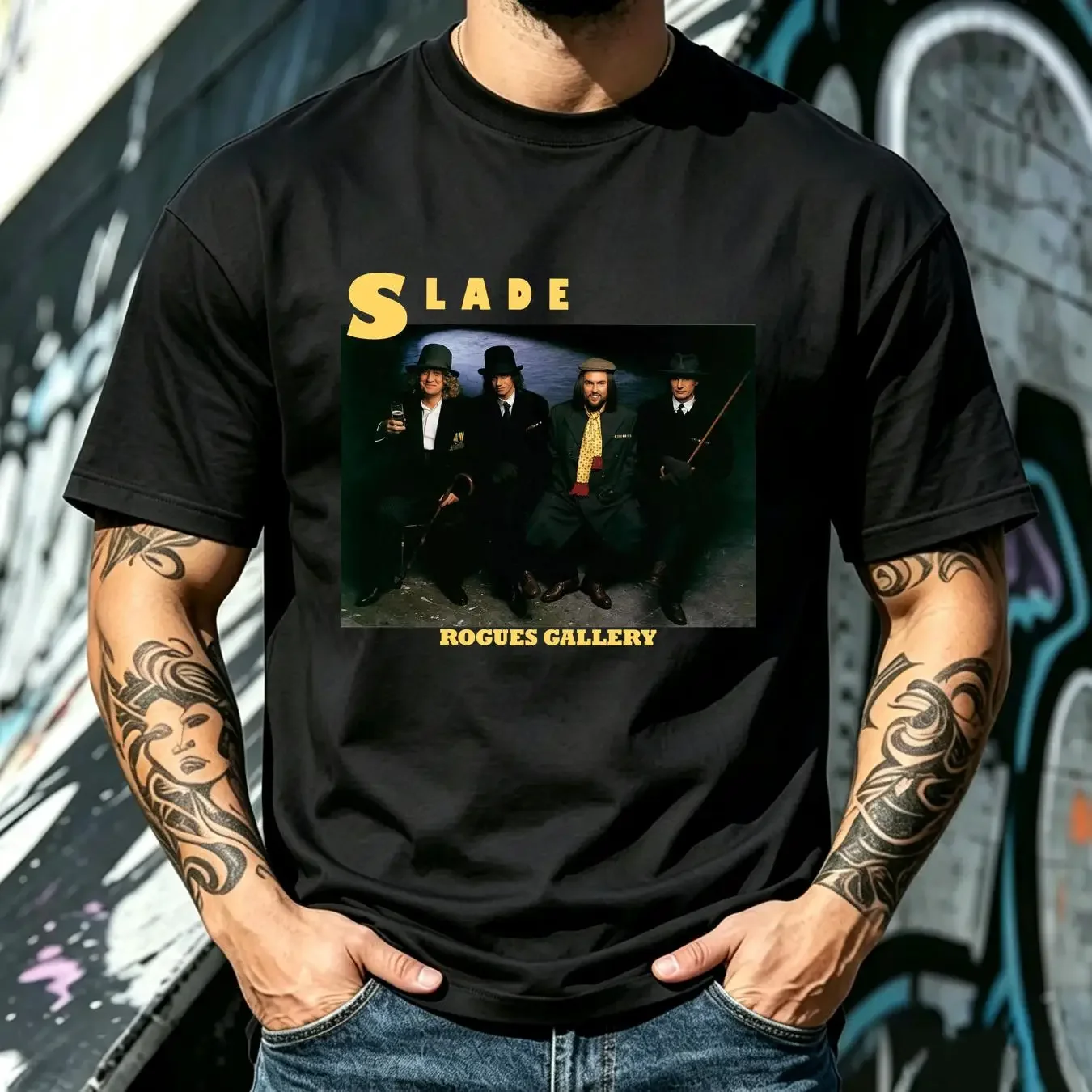 washed T Shirt Rock Music Rogues Gallery Cotton Slade Dave Hill Noddy Holder vintage Washed fashion Soft streetwear Slightly