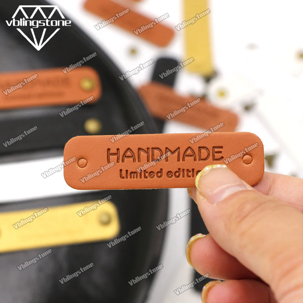 50 Stück handgefertigte PU-Leder-Etiketten in limitierter Auflage, handgefertigte Etiketten für Kleidung, Nähen, Etiketten, DIY-Geschenk, Metall-Doppelkappe, runde Niete – Detail 5