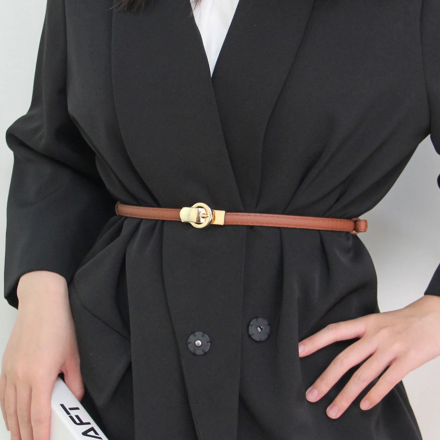 Women Skinny Patent PU Leather Slim Belt Adjustable Alloy Buckle Waist Belt for Dress