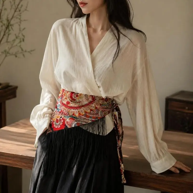 Decorative Waist Scarf with Angled Long Fringe and Tie-On Closure, Polyester Layering Accent for Outfits Y166