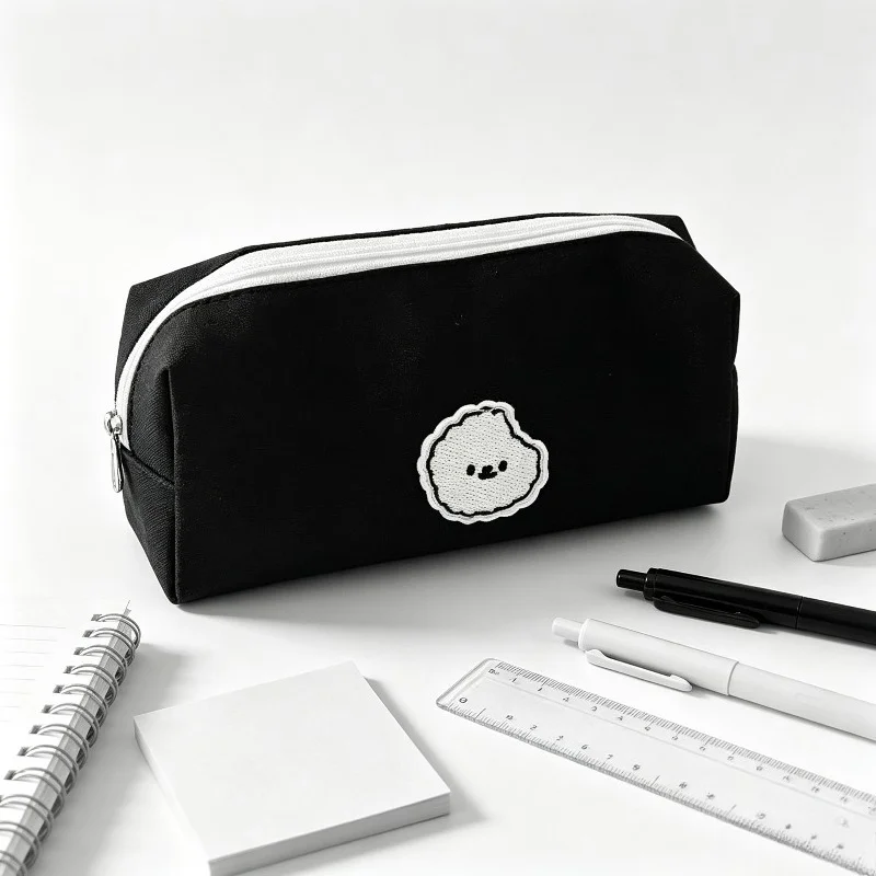 1Pc Simple‑Style Canvas Black Pencil Case, Smooth Zipper Stationery Pen Storage Bag, Great for Eid Al‑Adha Mubarak Gift