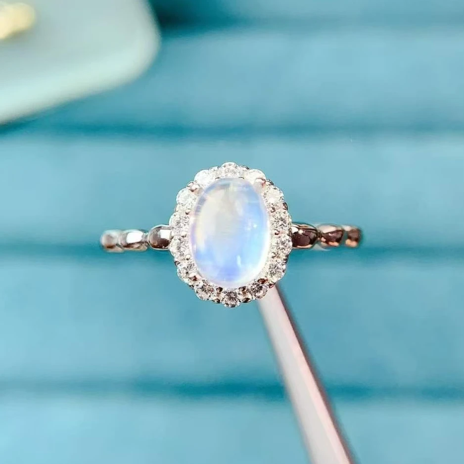 

925 Silver Natural Moonstone Ring Oval Cut Blue Flash Moonstone Ring with Certificate Elegant Gemstone Jewelry for Women