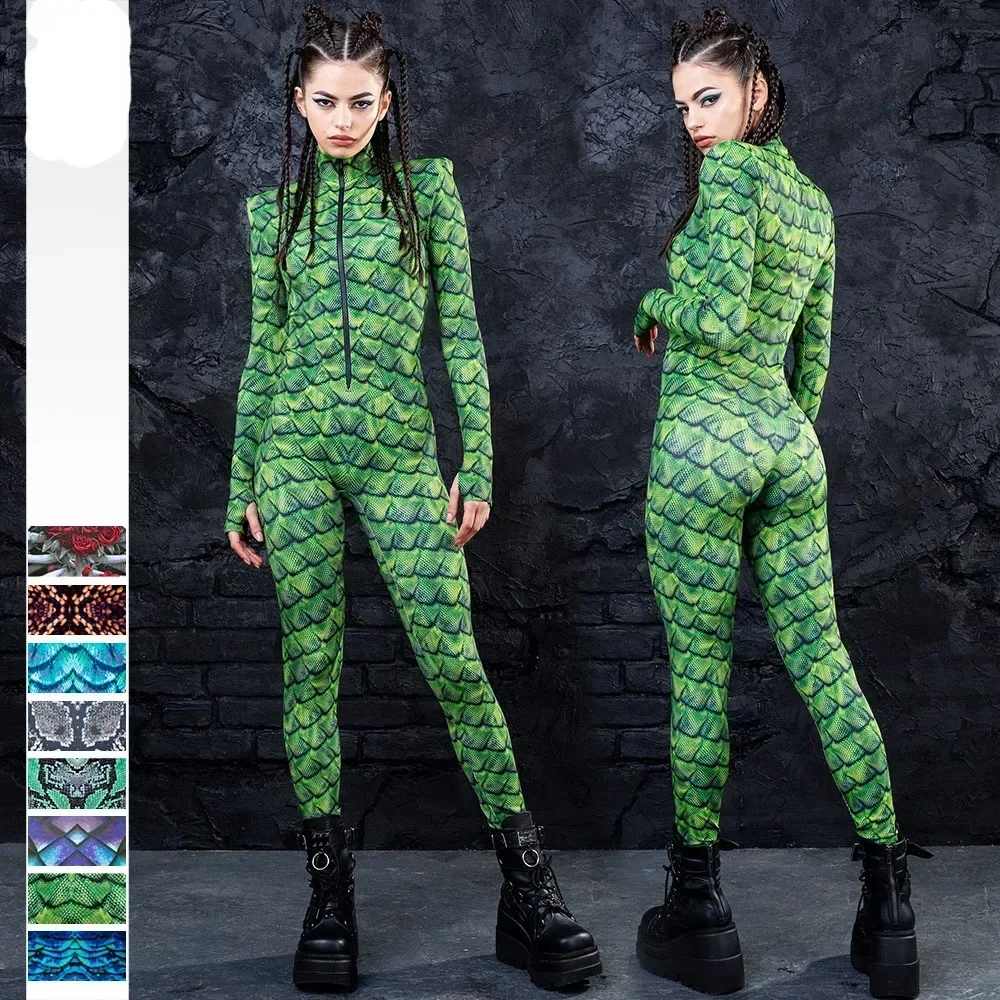 Ladies Snake Pattern Peafowl  3D Jumpsuit Catsuit Fish Scale Sexy Women Cosplay Costumes Zentai Female Halloween Party Bodysuit