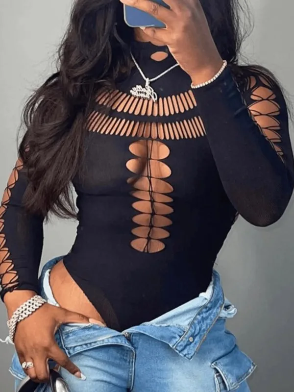 BKLD 2024 Summer New Women Clothing Hollow Out High Elastic Black Bodysuits Long Sleeve Tops Sexy Night Club Outfits Party