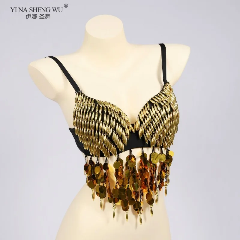 Conjunto de traje de actuación de danza del vientre para mujer, traje de fiesta para club nocturno, monedas, bufanda de cadera, sujetadores con cuentas y brazaletes, Ropa de baile para DJ