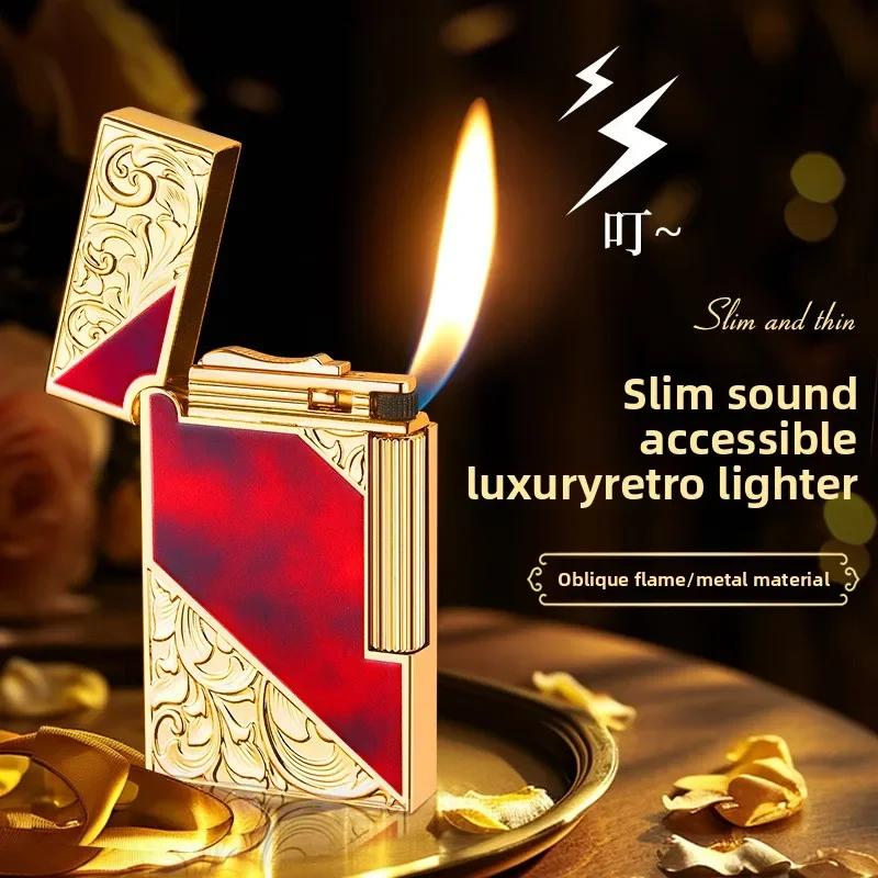 Briquet rétro de luxe léger en acier mince, meuleuse coulissante latérale à flamme nue gonflable, briquet en métal à feu incliné