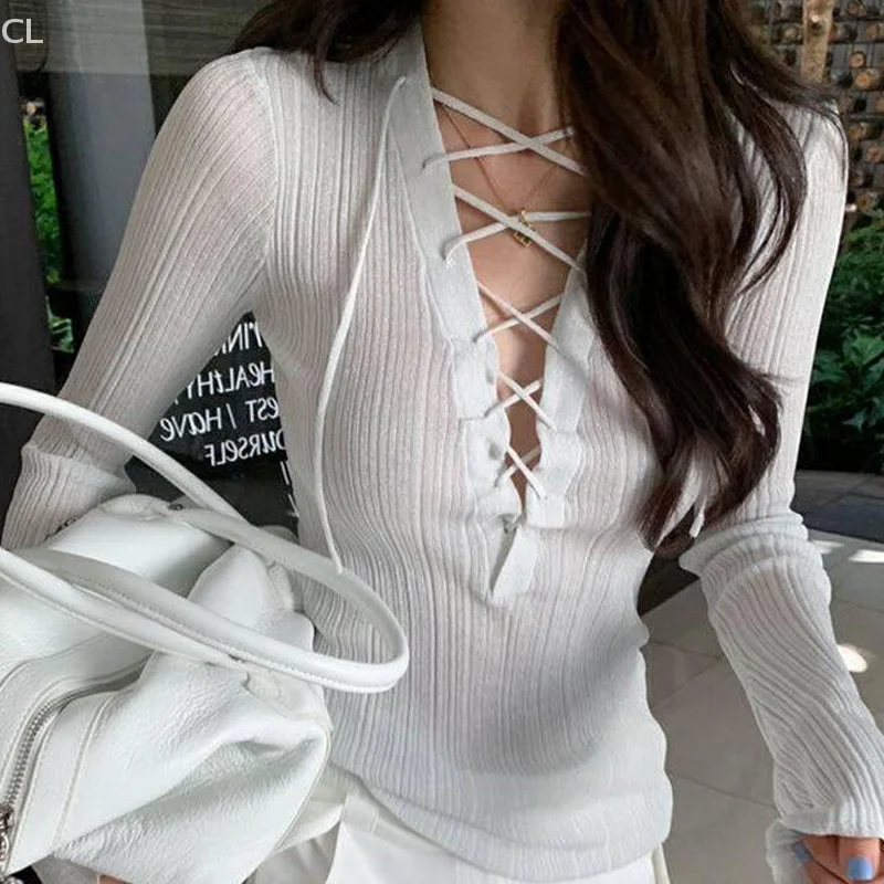韓国ヴィンテージセクシーな V ネックレースアップ長袖薄いスリムニットトップ女性のための